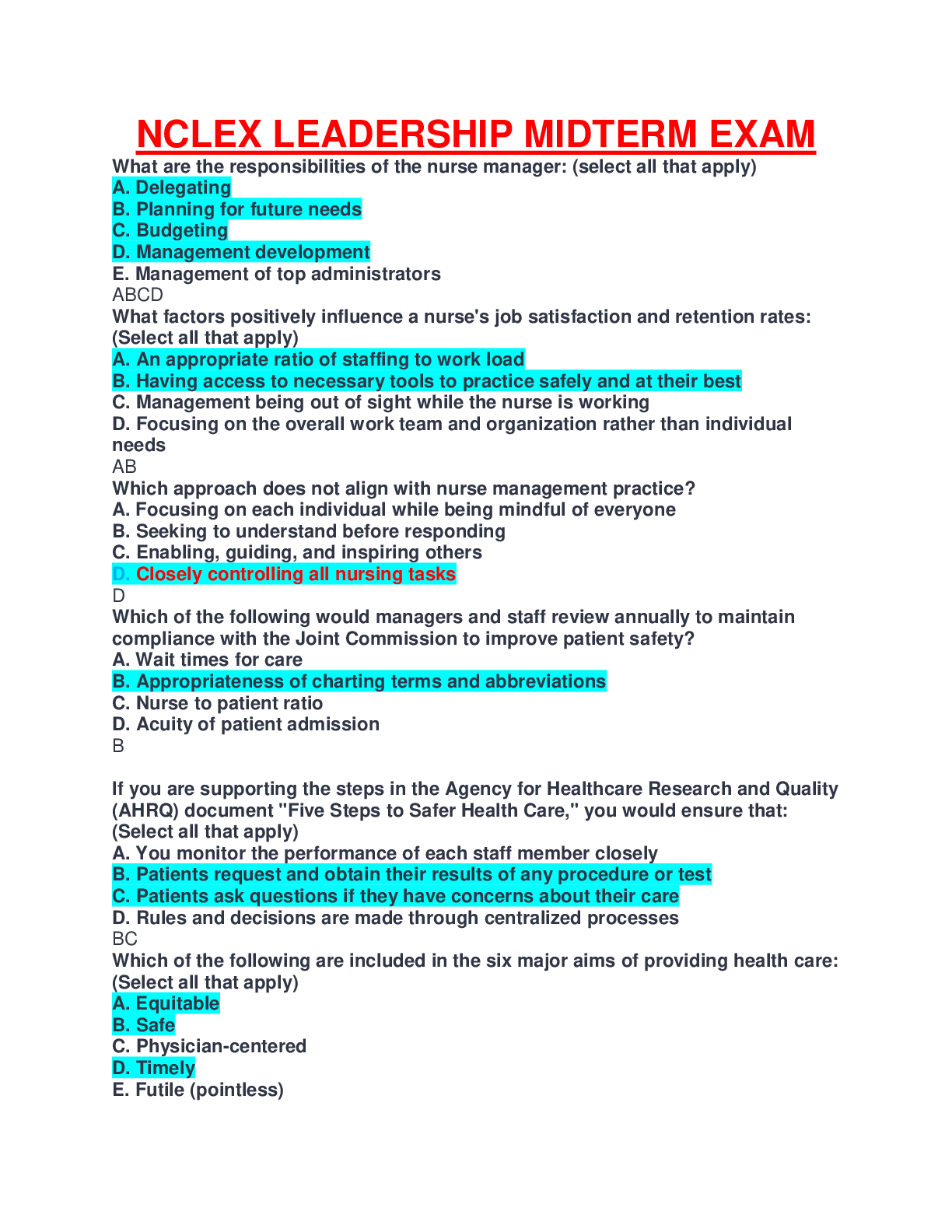 Preview image for NCLEX LEADERSHIP MIDTERM ACTUAL EXAM QUESTIONS WITH ANSWERS (2022/2023)